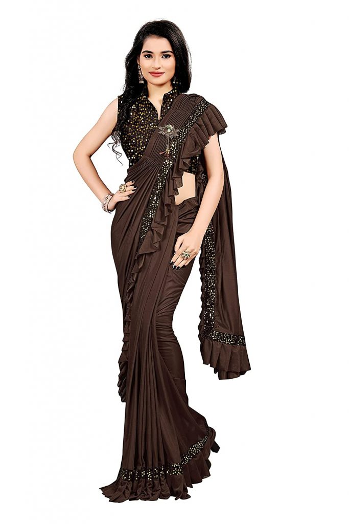 Lace Trim And Ruffled Semi Stitched Saree