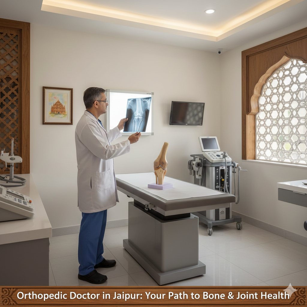 “Orthopedic Doctor in Jaipur illustrated through a modern orthopedic clinic setting. A professional orthopedic doctor examining an X-ray or knee joint model, clean hospital interior, Jaipur’s subtle architectural elements, advanced medical equipment, soft lighting, realistic high-resolution photography style. Perfect for a blog feature image.”